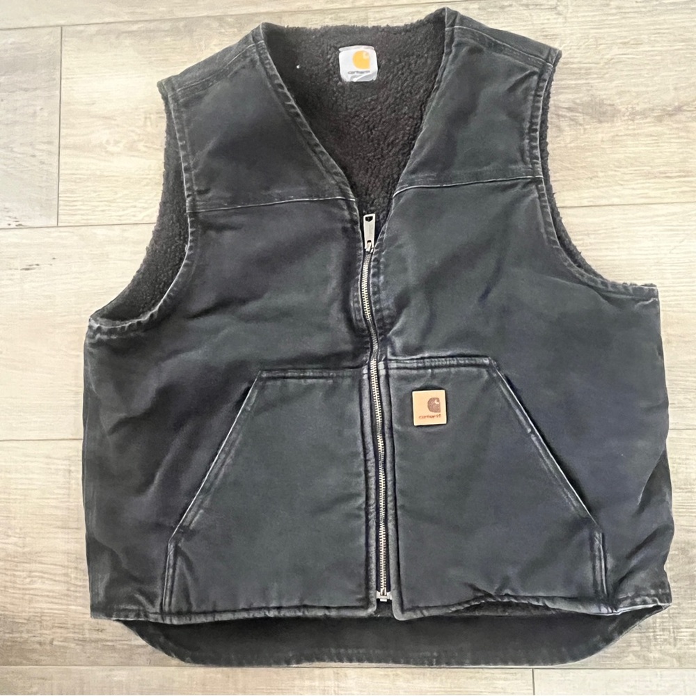 VTG Carhartt Black Denim Stone Wash Vest Fleece Lined Chore Workwear Sz L V26